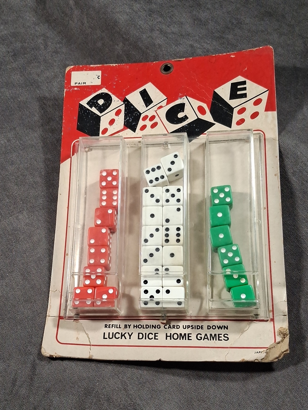 Vintage Lucky Dice Home Games Japan Display with Red White Green Dice NEW/FAIR